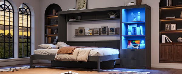 English Elm Queen Murphy Wall Bed with LED Lighting Charging Station and Storage for Studio Spaces Grey W1580S00730