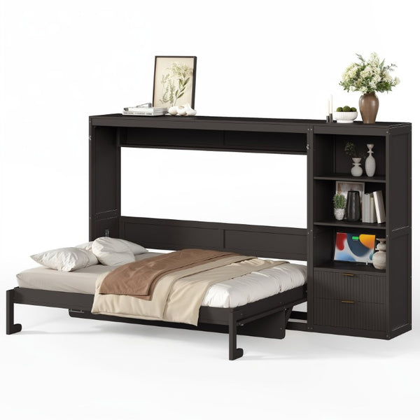 English Elm Queen Murphy Wall Bed with LED Lighting Charging Station and Storage for Studio Spaces Grey W1580S00730