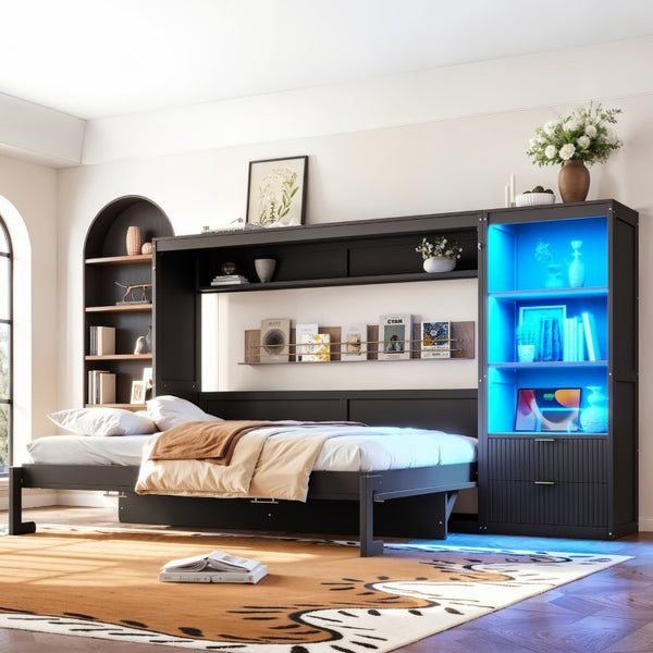 English Elm Queen Murphy Wall Bed with LED Lighting Charging Station and Storage for Studio Spaces Grey W1580S00730