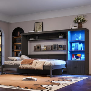 English Elm Queen Murphy Wall Bed with LED Lighting Charging Station and Storage for Studio Spaces Grey W1580S00730