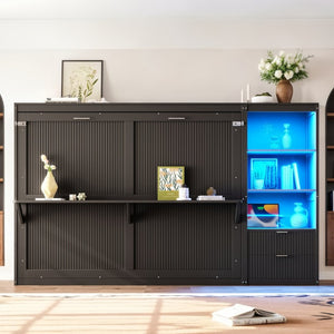 English Elm Queen Murphy Wall Bed with LED Lighting Charging Station and Storage for Studio Spaces Grey W1580S00730