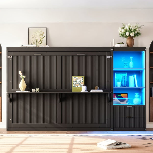 English Elm Queen Murphy Wall Bed with LED Lighting Charging Station and Storage for Studio Spaces Grey W1580S00730