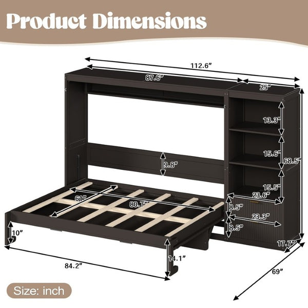 English Elm Queen Murphy Wall Bed with LED Lighting Charging Station and Storage for Studio Spaces Grey W1580S00730
