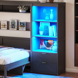 English Elm Queen Murphy Wall Bed with LED Lighting Charging Station and Storage for Studio Spaces Grey W1580S00730