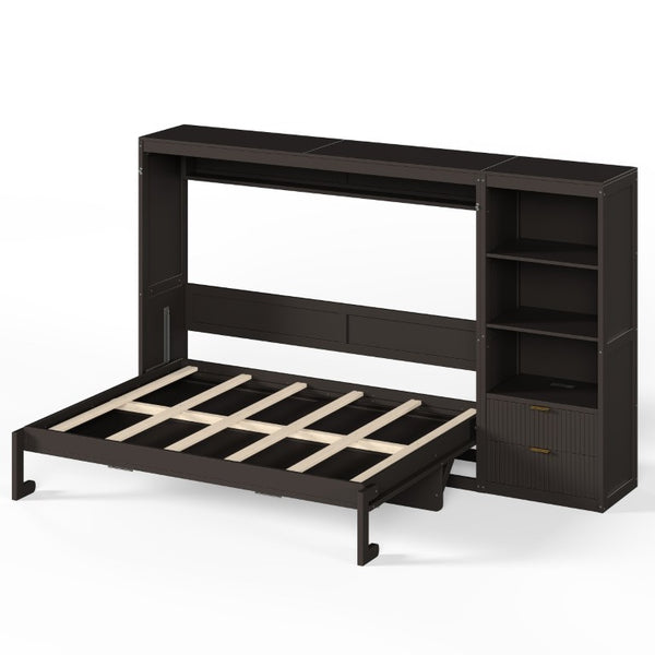 English Elm Queen Murphy Wall Bed with LED Lighting Charging Station and Storage for Studio Spaces Grey W1580S00730