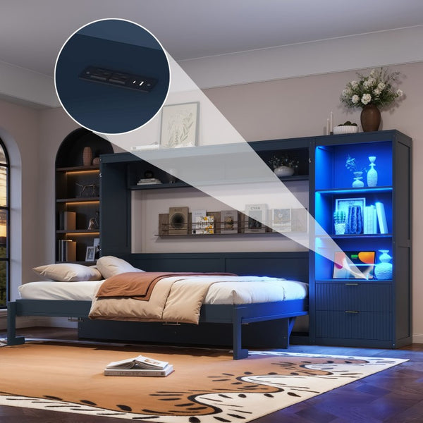 English Elm Queen Murphy Wall Bed with LED Lighting Charging Station and Storage for Studio Spaces Blue W1580S00731