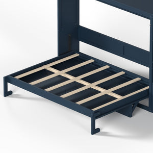 English Elm Queen Murphy Wall Bed with LED Lighting Charging Station and Storage for Studio Spaces Blue W1580S00731