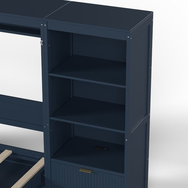 English Elm Queen Murphy Wall Bed with LED Lighting Charging Station and Storage for Studio Spaces Blue W1580S00731