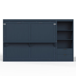 English Elm Queen Murphy Wall Bed with LED Lighting Charging Station and Storage for Studio Spaces Blue W1580S00731
