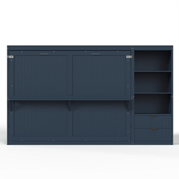 English Elm Queen Murphy Wall Bed with LED Lighting Charging Station and Storage for Studio Spaces Blue W1580S00731