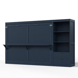 English Elm Queen Murphy Wall Bed with LED Lighting Charging Station and Storage for Studio Spaces Blue W1580S00731