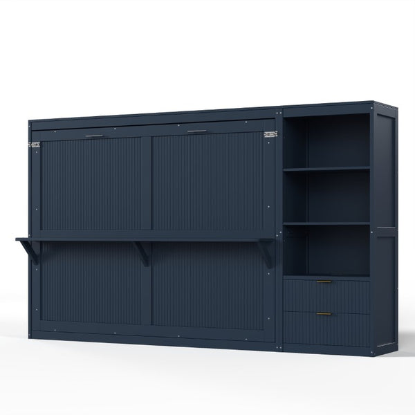 English Elm Queen Murphy Wall Bed with LED Lighting Charging Station and Storage for Studio Spaces Blue W1580S00731