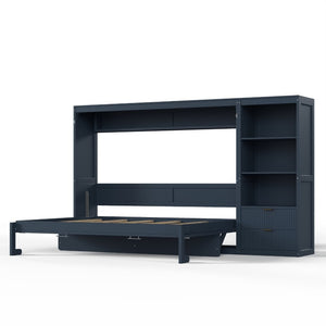 English Elm Queen Murphy Wall Bed with LED Lighting Charging Station and Storage for Studio Spaces Blue W1580S00731