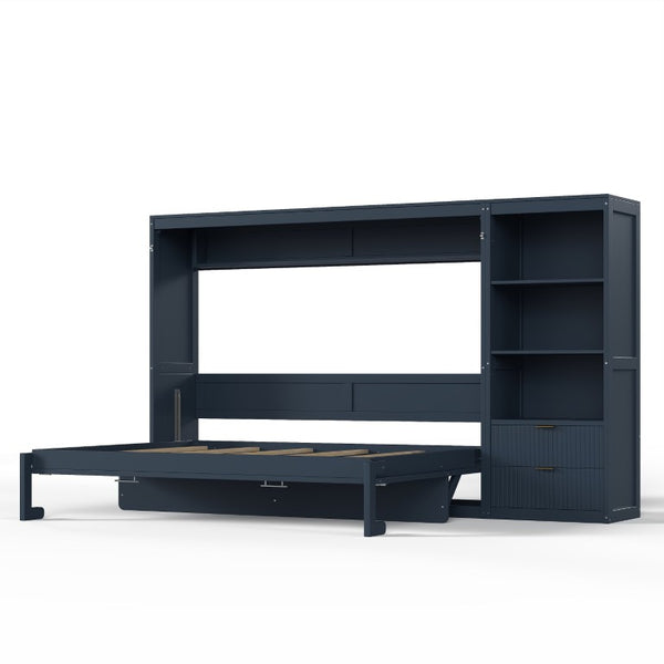 English Elm Queen Murphy Wall Bed with LED Lighting Charging Station and Storage for Studio Spaces Blue W1580S00731