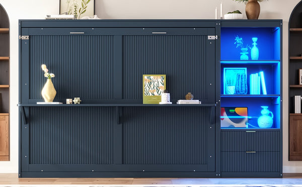 English Elm Queen Murphy Wall Bed with LED Lighting Charging Station and Storage for Studio Spaces Blue W1580S00731