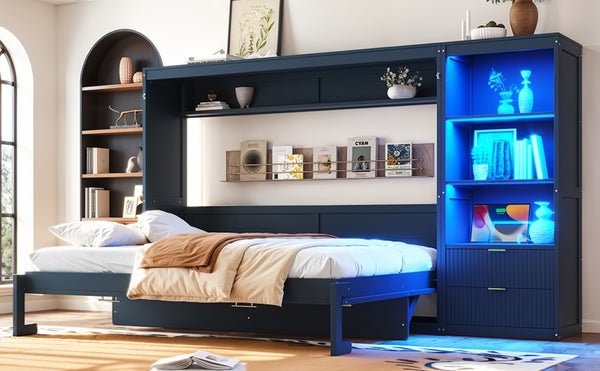 English Elm Queen Murphy Wall Bed with LED Lighting Charging Station and Storage for Studio Spaces Blue W1580S00731