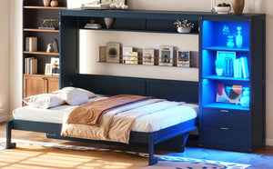 English Elm Queen Murphy Wall Bed with LED Lighting Charging Station and Storage for Studio Spaces Blue W1580S00731