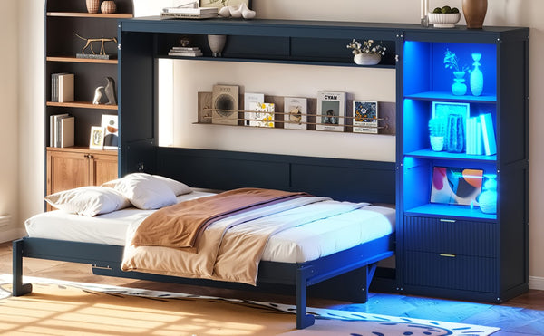 English Elm Queen Murphy Wall Bed with LED Lighting Charging Station and Storage for Studio Spaces Blue W1580S00731