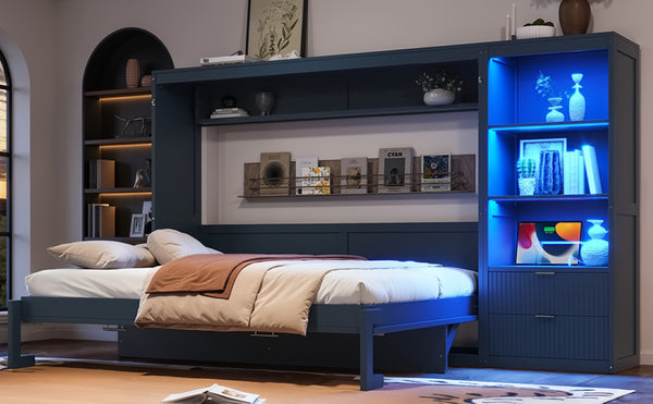 English Elm Queen Murphy Wall Bed with LED Lighting Charging Station and Storage for Studio Spaces Blue W1580S00731