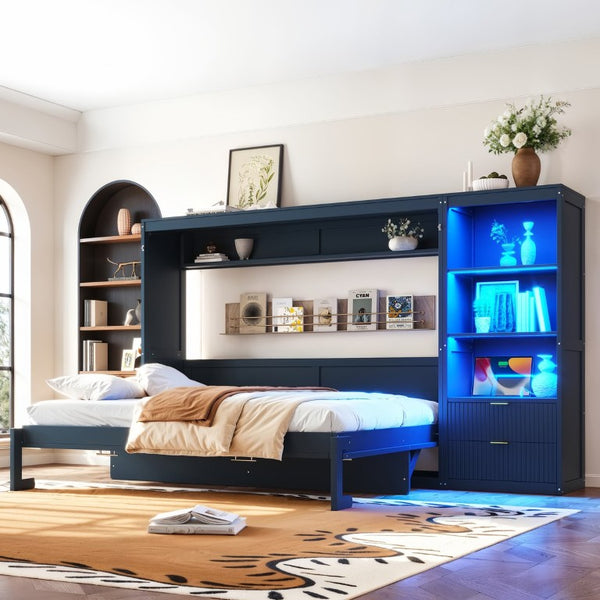 English Elm Queen Murphy Wall Bed with LED Lighting Charging Station and Storage for Studio Spaces Blue W1580S00731