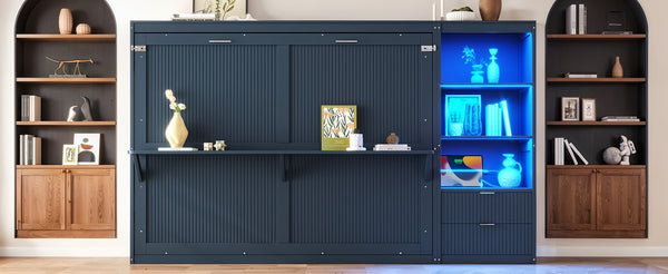English Elm Queen Murphy Wall Bed with LED Lighting Charging Station and Storage for Studio Spaces Blue W1580S00731