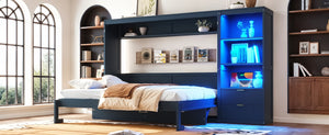 English Elm Queen Murphy Wall Bed with LED Lighting Charging Station and Storage for Studio Spaces Blue W1580S00731