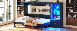 English Elm Queen Murphy Wall Bed with LED Lighting Charging Station and Storage for Studio Spaces Blue W1580S00731