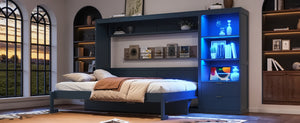 English Elm Queen Murphy Wall Bed with LED Lighting Charging Station and Storage for Studio Spaces Blue W1580S00731