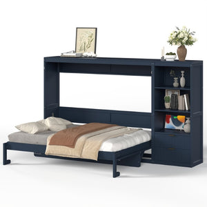 English Elm Queen Murphy Wall Bed with LED Lighting Charging Station and Storage for Studio Spaces Blue W1580S00731