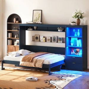 English Elm Queen Murphy Wall Bed with LED Lighting Charging Station and Storage for Studio Spaces Blue W1580S00731