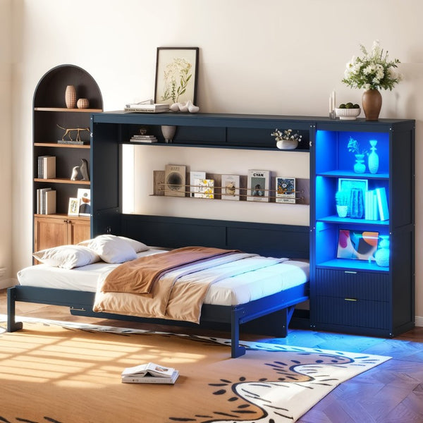 English Elm Queen Murphy Wall Bed with LED Lighting Charging Station and Storage for Studio Spaces Blue W1580S00731