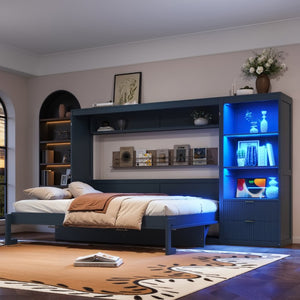 English Elm Queen Murphy Wall Bed with LED Lighting Charging Station and Storage for Studio Spaces Blue W1580S00731