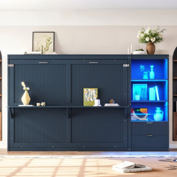English Elm Queen Murphy Wall Bed with LED Lighting Charging Station and Storage for Studio Spaces Blue W1580S00731