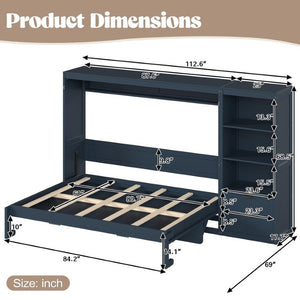 English Elm Queen Murphy Wall Bed with LED Lighting Charging Station and Storage for Studio Spaces Blue W1580S00731