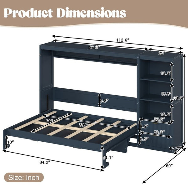 English Elm Queen Murphy Wall Bed with LED Lighting Charging Station and Storage for Studio Spaces Blue W1580S00731
