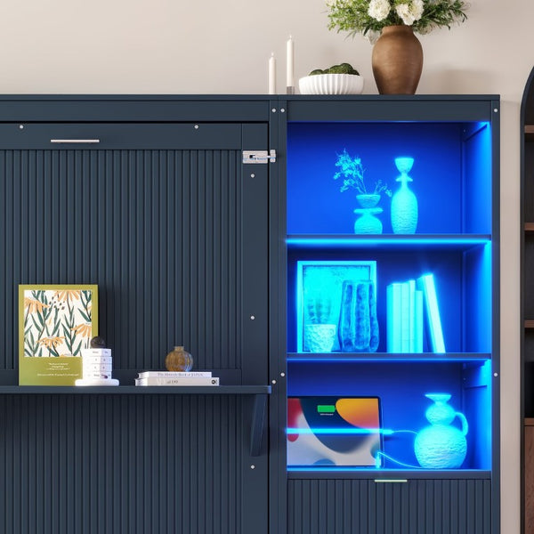 English Elm Queen Murphy Wall Bed with LED Lighting Charging Station and Storage for Studio Spaces Blue W1580S00731
