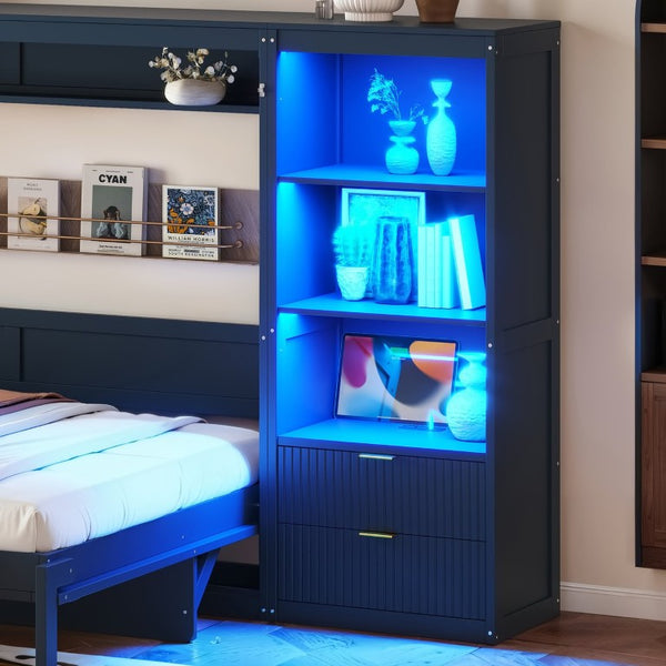 English Elm Queen Murphy Wall Bed with LED Lighting Charging Station and Storage for Studio Spaces Blue W1580S00731