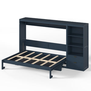 English Elm Queen Murphy Wall Bed with LED Lighting Charging Station and Storage for Studio Spaces Blue W1580S00731