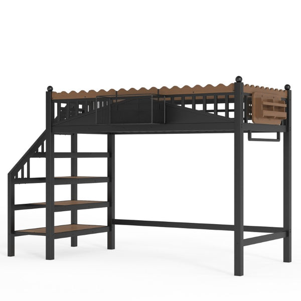 English Elm Twin XL Metal Loft Bed with Storage Stairs Built-In Shelving for Dorm or Small Bedroom W1580S00732