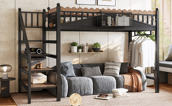 English Elm Twin XL Metal Loft Bed with Storage Stairs Built-In Shelving for Dorm or Small Bedroom W1580S00732