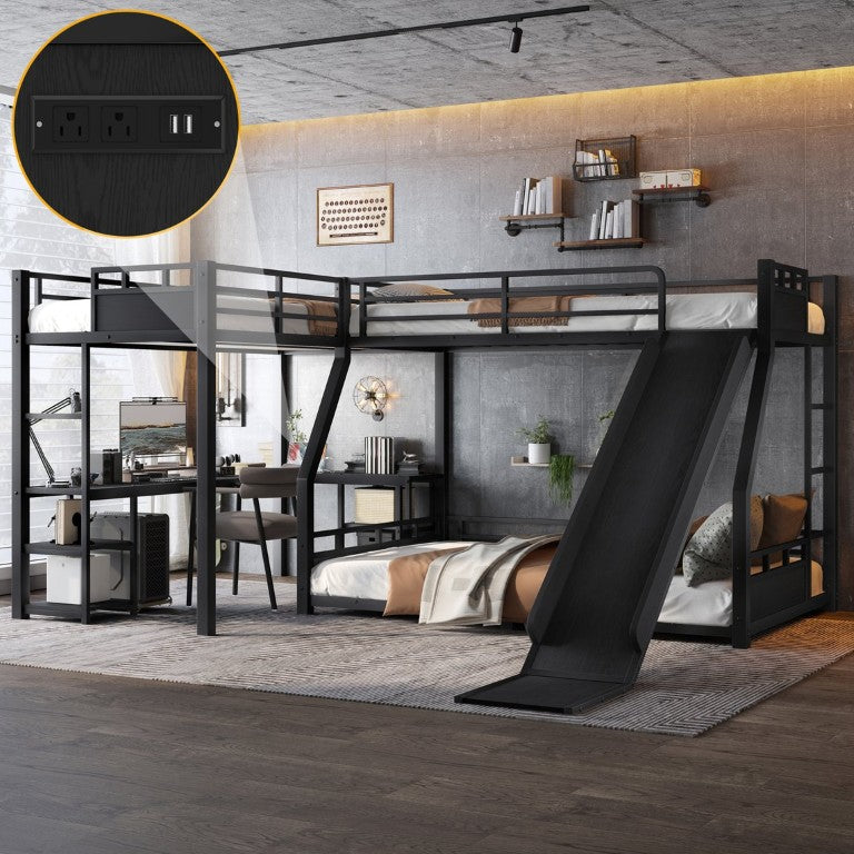 English Elm L-Shaped Triple Metal Bunk with Slide Loft Desk USB Ports Kids Shared Room W1580S00735