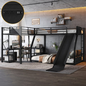 English Elm L-Shaped Triple Metal Bunk with Slide Loft Desk USB Ports Kids Shared Room W1580S00735