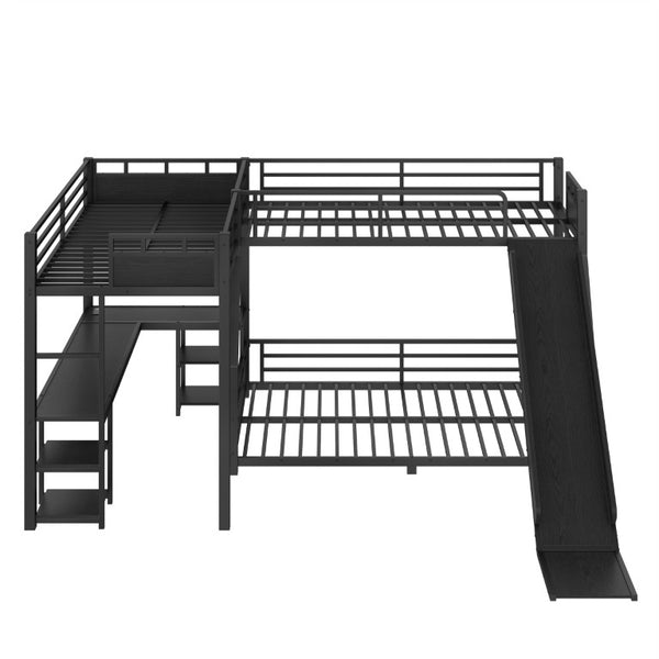 English Elm L-Shaped Triple Metal Bunk with Slide Loft Desk USB Ports Kids Shared Room W1580S00735