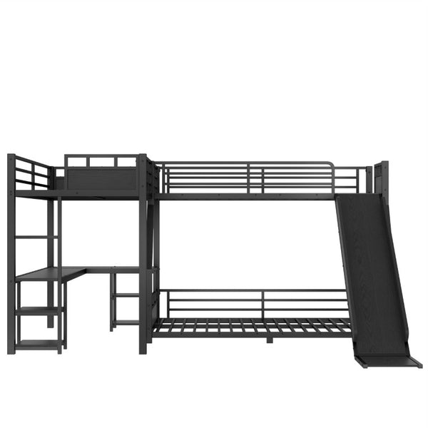 English Elm L-Shaped Triple Metal Bunk with Slide Loft Desk USB Ports Kids Shared Room W1580S00735