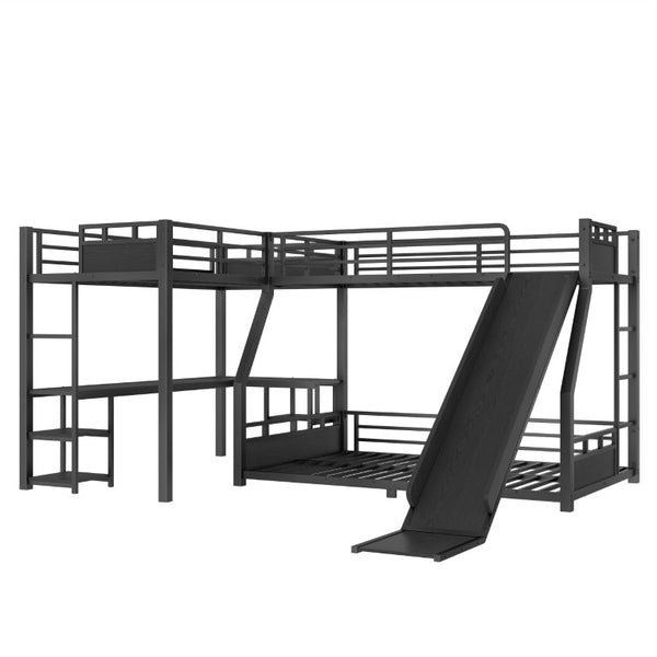 English Elm L-Shaped Triple Metal Bunk with Slide Loft Desk USB Ports Kids Shared Room W1580S00735