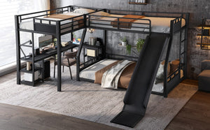 English Elm L-Shaped Triple Metal Bunk with Slide Loft Desk USB Ports Kids Shared Room W1580S00735