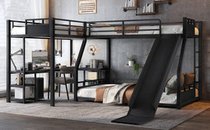 English Elm L-Shaped Triple Metal Bunk with Slide Loft Desk USB Ports Kids Shared Room W1580S00735