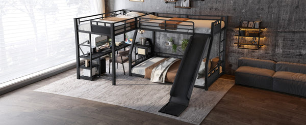 English Elm L-Shaped Triple Metal Bunk with Slide Loft Desk USB Ports Kids Shared Room W1580S00735