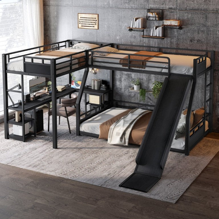 English Elm L-Shaped Triple Metal Bunk with Slide Loft Desk USB Ports Kids Shared Room W1580S00735