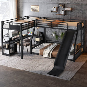English Elm L-Shaped Triple Metal Bunk with Slide Loft Desk USB Ports Kids Shared Room W1580S00735